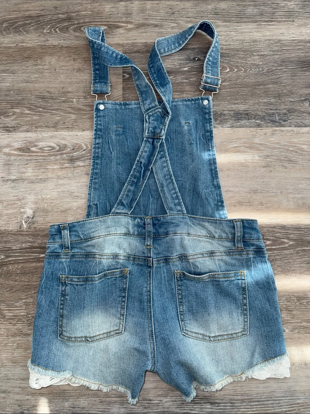 Cherokee Light Blue Denim Lace-Trim Short Overalls